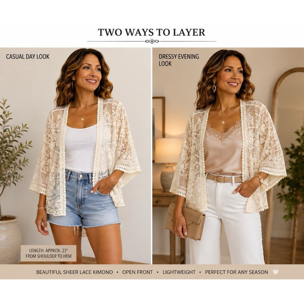 Ivory Lace Kimono Cardigan Sheer Floral Embroidered Boho Open Front Cover Up